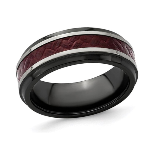 GEM AND HARMONY  Mens Black Titanium 8MM Carbon Fiber Band Ring In Red