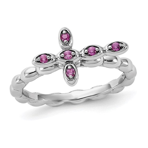 GEM AND HARMONY  1/8 Carat (Ctw) Lab-Created Ruby Cross Ring In Sterling In Silver