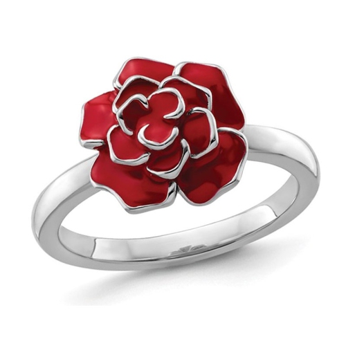 GEM AND HARMONY  Sterling Silver Enamel Rose Ring In Red