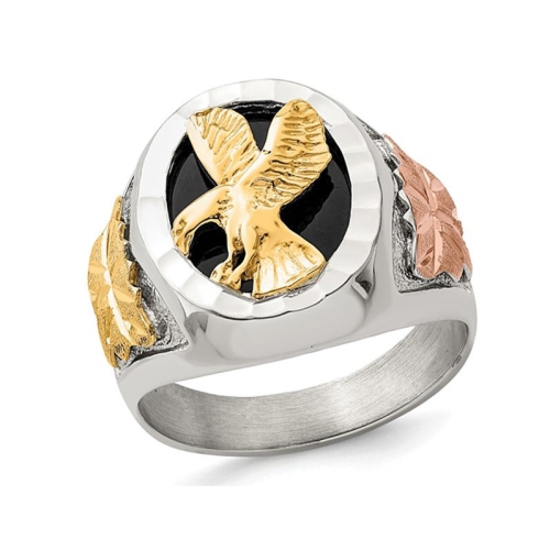 GEM AND HARMONY  Mens Flying Eagle Sterling Silver Ring With Enamel In Black