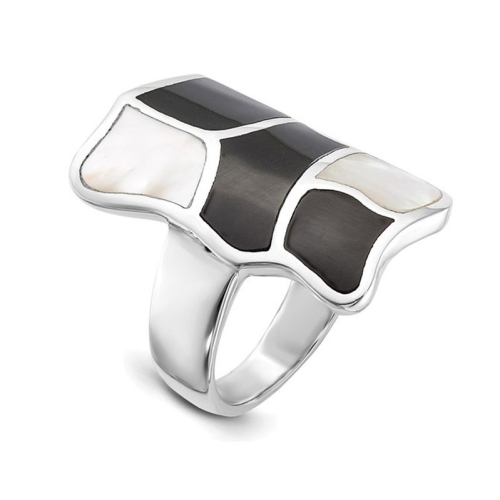 GEM AND HARMONY  Mother Of Pearl And Enamel Ring In Sterling Silver In Black