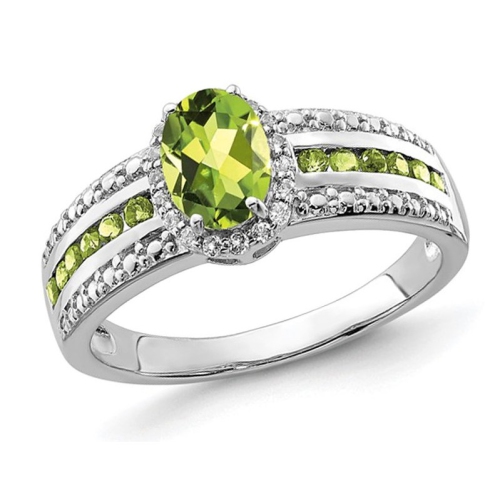 GEM AND HARMONY  1.27 Carat (Ctw) Peridot Halo Ring In Sterling Silver With White Topaz In Green