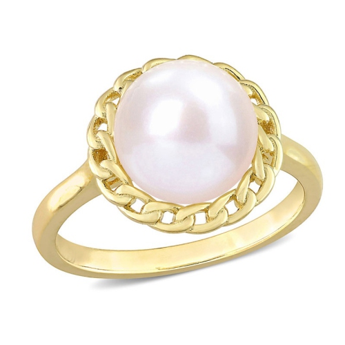 GEM AND HARMONY  9MM White Freshwater Cultured Pearl Ring In Plated Sterling Silver In Yellow