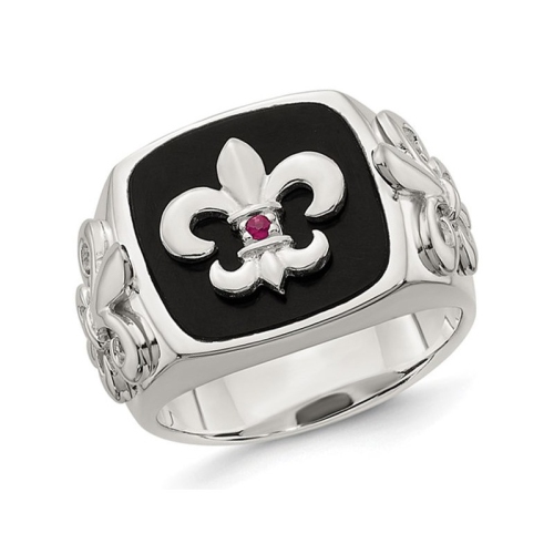GEM AND HARMONY  Mens Sterling Silver Fleur-De-Lis Ring With Onyx And Ruby In Black