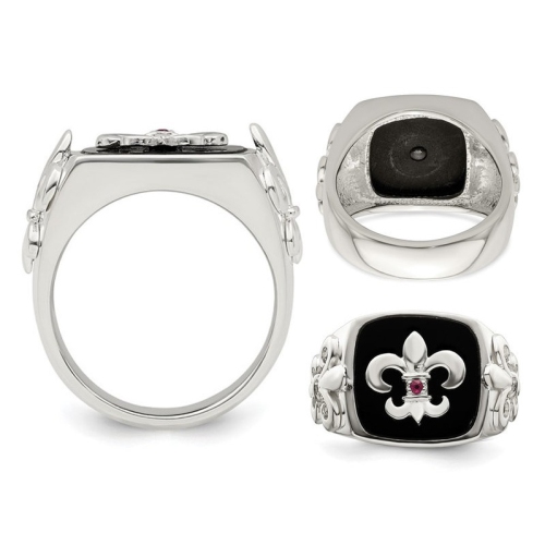 Mens Sterling Silver Fleur-De-Lis Ring with Black Onyx and Ruby