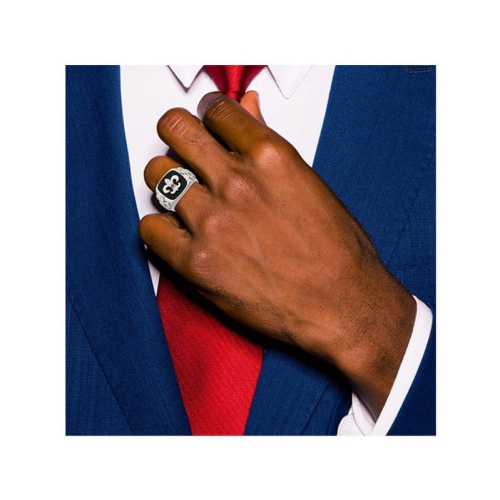 Mens Sterling Silver Fleur-De-Lis Ring with Black Onyx and Ruby