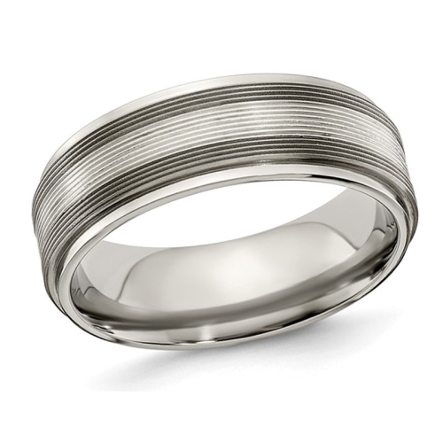 GEM AND HARMONY  Mens Titanium With Sterling Txtured Lines Band Ring (7.5Mm) In Silver