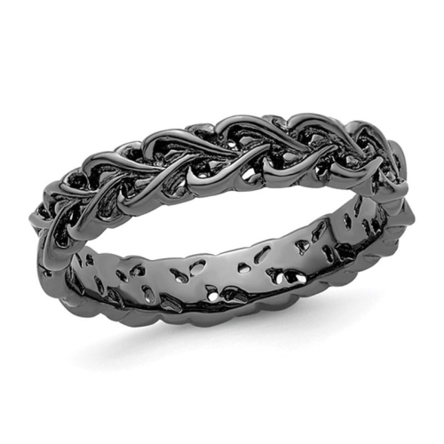GEM AND HARMONY  Sterling Silver Plated Carved Band Ring In Black