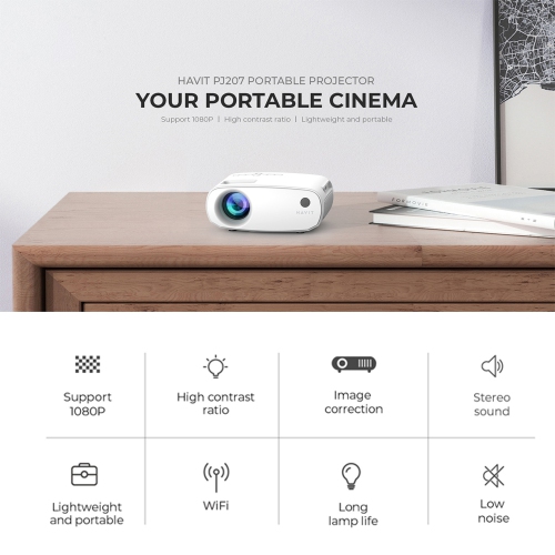 Havit Mini Projector, 1280x720P, Support 1080P, WiFi, Bluetooth, 110 ANSI Lumens, Build-in HiFi Stereo speaker_Black