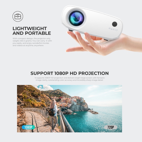 Havit Mini Projector, 1280x720P, Support 1080P, WiFi, Bluetooth, 110 ANSI Lumens, Build-in HiFi Stereo speaker_Black
