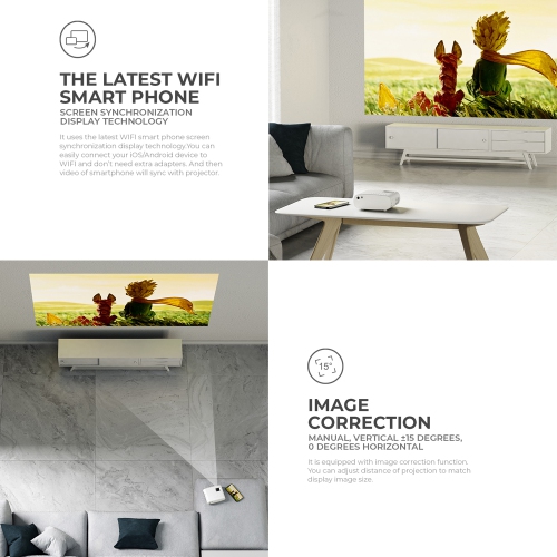 Havit Mini Projector, 1280x720P, Support 1080P, WiFi, Bluetooth, 110 ANSI Lumens, Build-in HiFi Stereo speaker_Black