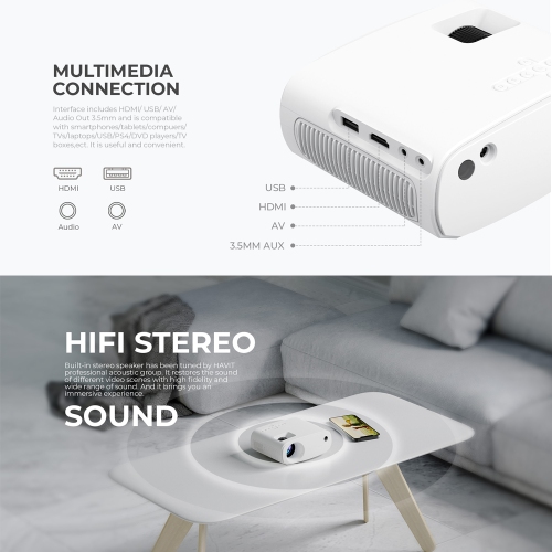 Havit Mini Projector, 1280x720P, Support 1080P, WiFi, Bluetooth, 110 ANSI Lumens, Build-in HiFi Stereo speaker_Black