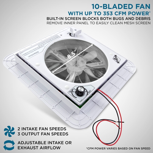 Hike Crew 11” RV Roof Vent Fan, 12V RV Vent Fan W/Light, 3 Speeds and Manual Crank Lift, White Lid