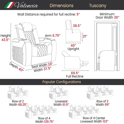 Tuscany Heat & Massage Edition Top Grain Italian 11000 Nappa Leather Power Recliner Lumbar Headrest LED Lighting