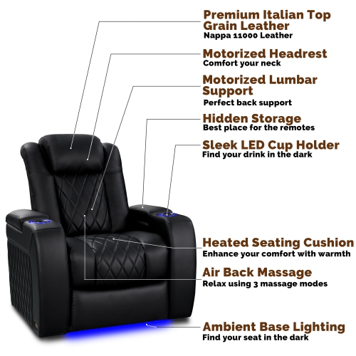 Tuscany – Fauteuil inclinable 11000 électrique en cuir italien pleine fleur avec soutien lombaire à DEL, édition chaleur et massage
