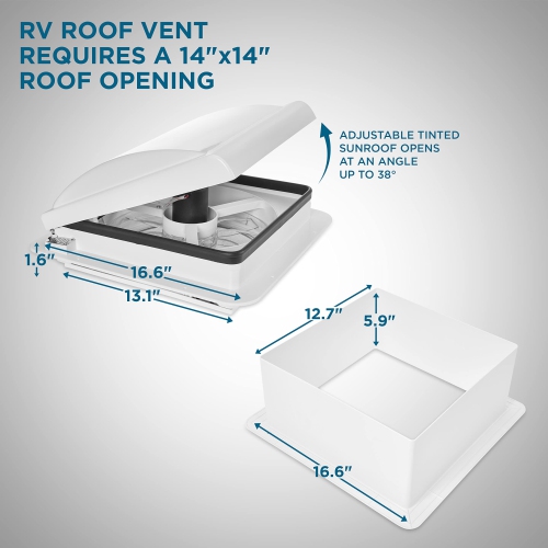 Hike Crew 14” RV Roof Vent Fan, 12V, 10-Speed RV Vent Fan with Remote and Rain Sensor, White Lid
