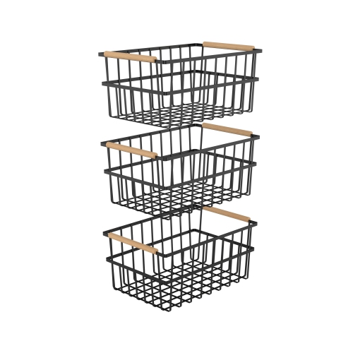 Oceanstar Metal Wire Organizer Bin Basket with Handles, Set of 3, Black