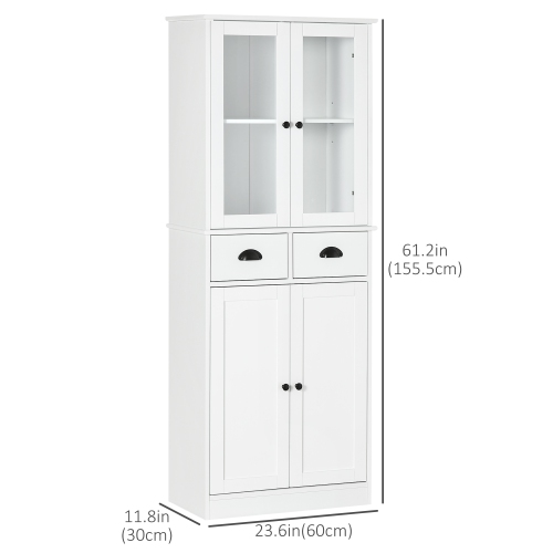HOMCOM 61" Kitchen Pantry Cabinet, Freestanding Farmhouse Buffet Storage Cabinet with Soft Close Glass Doors and Adjustable Shelves, White