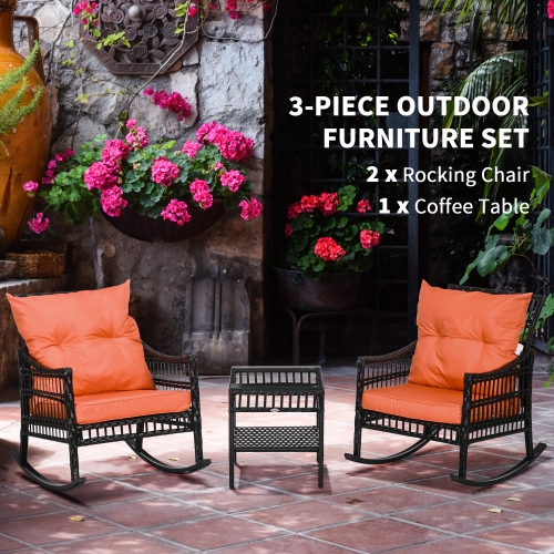 Outsunny 3 Pieces Outdoor PE Rattan Rocking Chair Set, Patio Wicker Rocker Chair Bistro set with Padded Cushions and Storage, for Garden Backyard