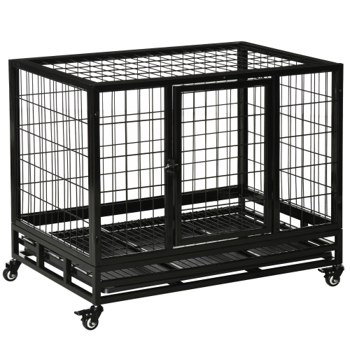 PawHut Heavy Duty Dog Crate Cage for Large Medium Dogs with Two Doors, Lockable Wheels Tray, 36" x 24" x 29.5"