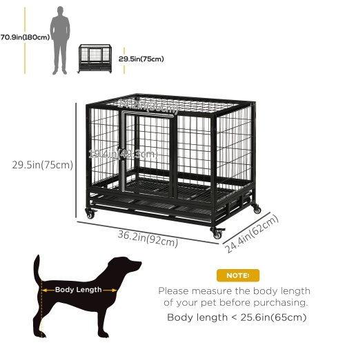 PawHut Heavy Duty Dog Crate Cage for Medium Small Dogs Cats with Two Doors, Lockable Wheels, Removable Tray, 36" x 24" x 27"