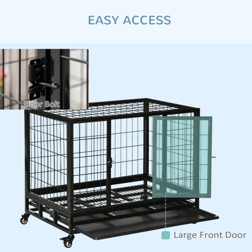 PawHut Heavy Duty Dog Crate Cage for Medium Small Dogs Cats with Two Doors, Lockable Wheels, Removable Tray, 36" x 24" x 27"