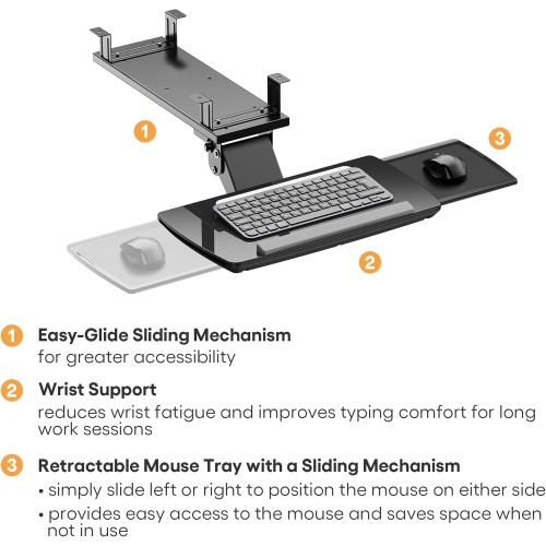 Adjustable Keyboard Tray Under Desk with Retractable Mouse Tray, Ergonomic Computer Keyboard Mouse Platform Desk Mount Holder, Black