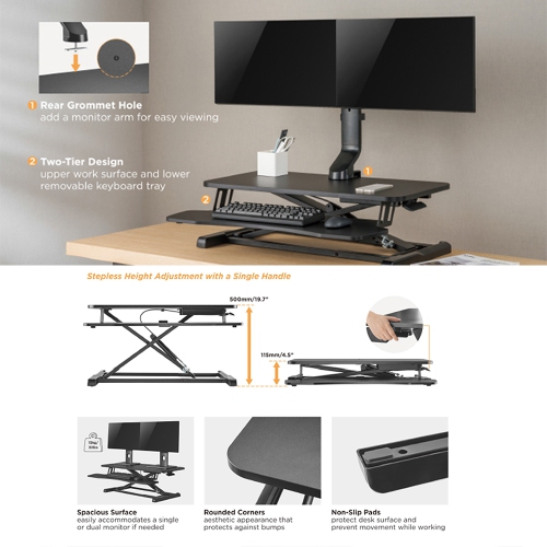 Speedex Gas Spring Height Adjustable Sit-Stand Desk Converter With Keyboard tray for Monitor, Computer and Laptop