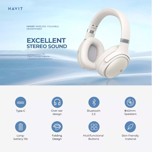 Havit H630BT Wireless Bluetooth V5.3 Over-ear Foldable Headset with Mic_Beige Color
