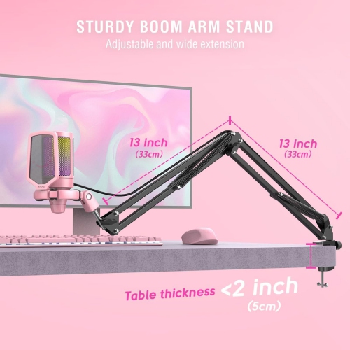 Fifine RGB Gaming USB Microphone Kit – Cardioid Condenser Mic with Boom Arm, Mute Button & Shock Mount for Streaming, PC, PS5, YouTube, Music