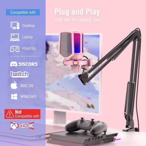 Fifine RGB Gaming USB Microphone Kit – Cardioid Condenser Mic with Boom Arm, Mute Button & Shock Mount for Streaming, PC, PS5, YouTube, Music
