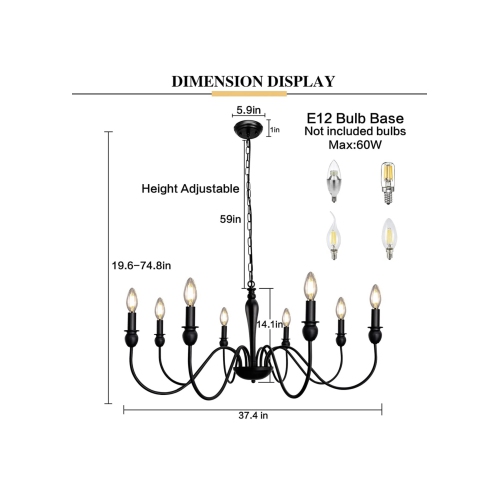 A|M Lighting Matte Black Farmhouse Chandelier Light Fixture Ceiling 8 Light Large Rustic