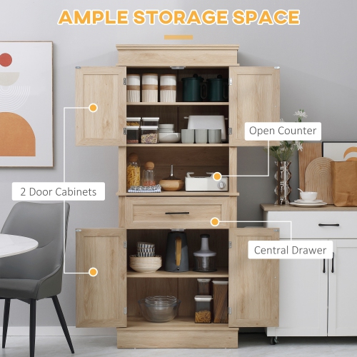 HOMCOM 72"H Modern Kitchen Pantry Cabinet, Freestanding Tall Buffet Storage Cabinet with Adjustable Shelves, Doors, Open Space, Oak