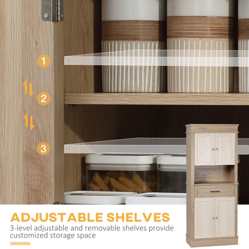 HOMCOM 72"H Modern Kitchen Pantry Cabinet, Freestanding Tall Buffet Storage Cabinet with Adjustable Shelves, Doors, Open Space, Oak