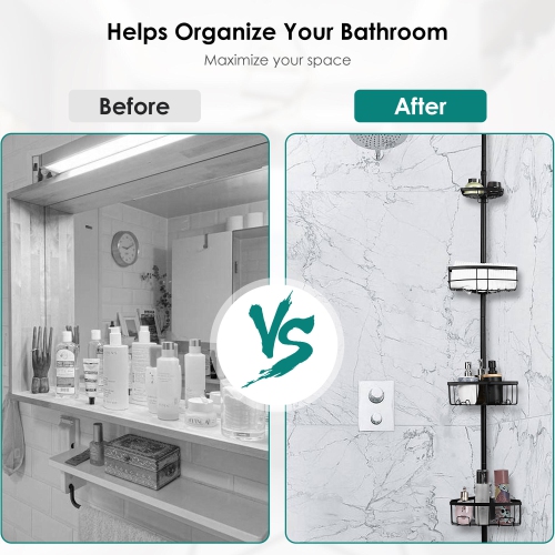 Adjustable Bathroom Shower Caddy Shelf, Constant Tub Tension Corner Pole Caddy with 4 Positionable Storage Baskets for Shampoo, Conditioner, Soap