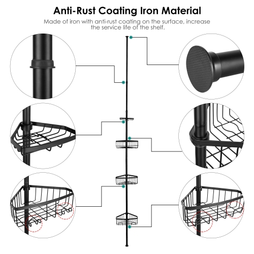 Adjustable Bathroom Shower Caddy Shelf, Constant Tub Tension Corner Pole Caddy with 4 Positionable Storage Baskets for Shampoo, Conditioner, Soap