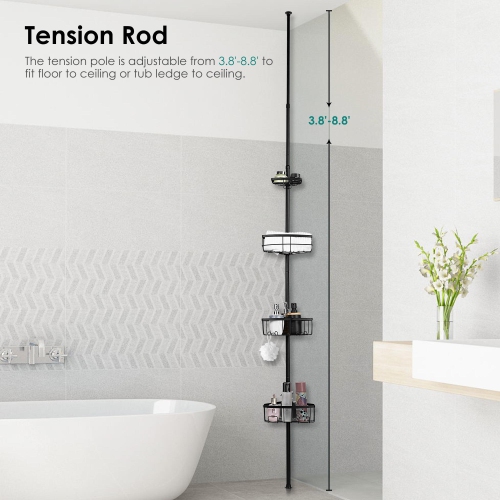 Adjustable Bathroom Shower Caddy Shelf, Constant Tub Tension Corner Pole Caddy with 4 Positionable Storage Baskets for Shampoo, Conditioner, Soap