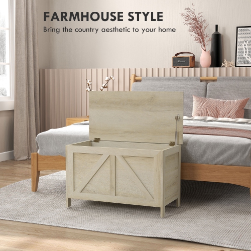 HOMCOM Farmhouse Storage Chest, Storage Bench, Lift Top Box with Safety Hinge to Open Up 100° for Entryway, Living Room, Natural