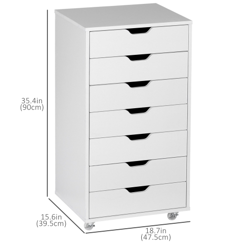 Vinsetto Vertical Filing Cabinet, 7-drawer File Cabinet, Mobile Office Storage Cabinet with Wheels for Home Office, White