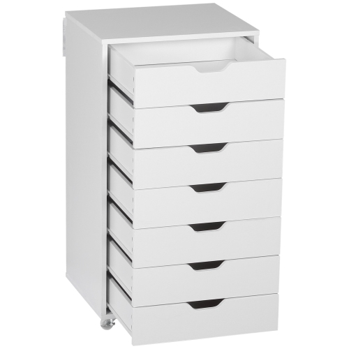 Vinsetto Vertical Filing Cabinet, 7-drawer File Cabinet, Mobile Office Storage Cabinet with Wheels for Home Office, White
