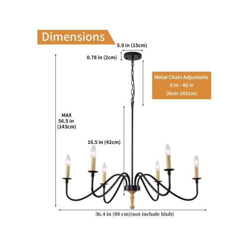 A|M Lighting Wood Farmhouse Candle Chandelier 6-Light Rustic Light Fixture