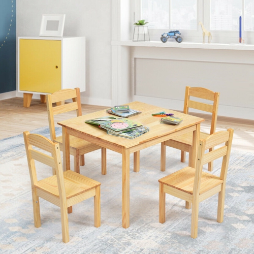 GYMAX  Kids 5 Piece Table Chair Set Pine Wood Children Play Room Furniture Natural