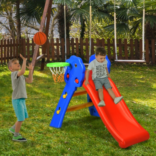Gymax 2 Step Children Folding Slide w/ Basketball Hoop For Kids Indoor & Outdoor