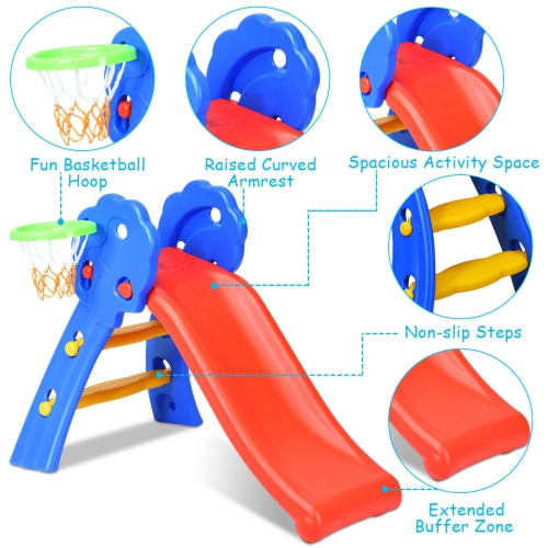 Gymax 2 Step Children Folding Slide w/ Basketball Hoop For Kids Indoor & Outdoor