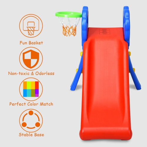 Gymax 2 Step Children Folding Slide w/ Basketball Hoop For Kids Indoor & Outdoor