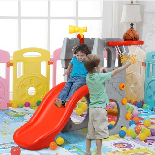 Gymax 2-Step Children Castle Slide Basketball Hoop and Telescope Toy Indoor & Outdoor