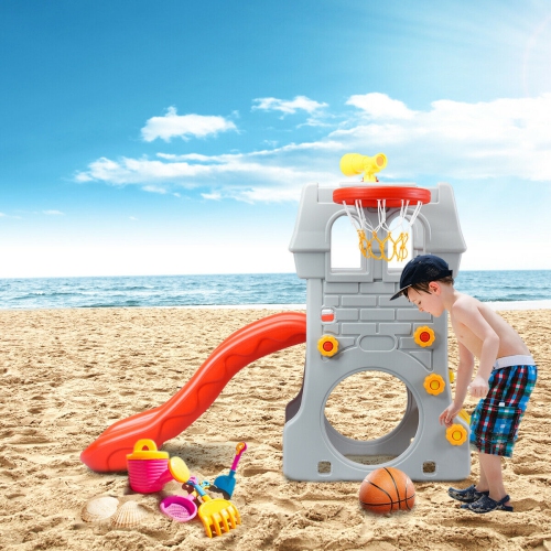 Gymax 2-Step Children Castle Slide Basketball Hoop and Telescope Toy Indoor & Outdoor