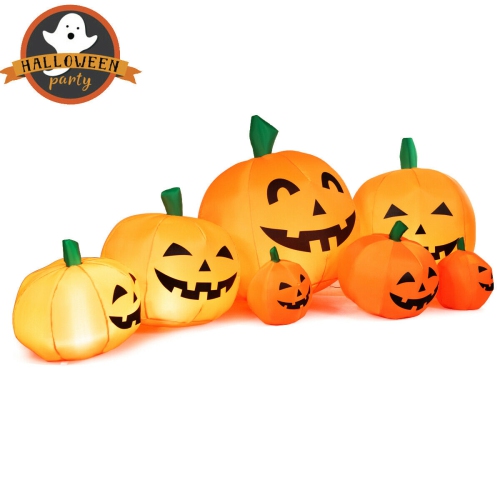 GYMAX  7.5Ft Inflatable Halloween Pumpkins Set 7 Pumpkins Patch W/ Energy-Saving Led & Adapter