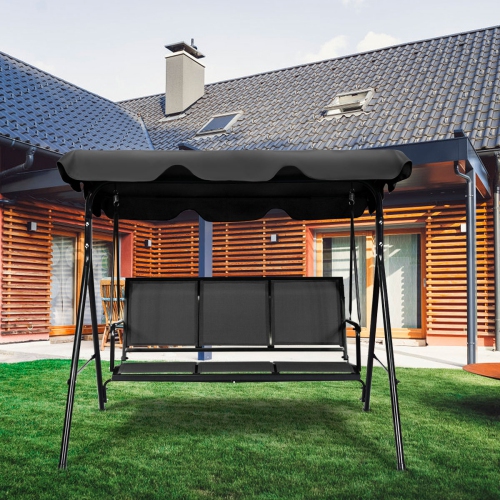 Gymax Black Outdoor Swing Canopy Patio Swing Chair 3 Person Canopy Hammock