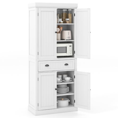 GYMAX  72" Kitchen Pantry Storage Cabinet Tall Freestanding Cupboard W/ 4 Doors Large Drawer In White